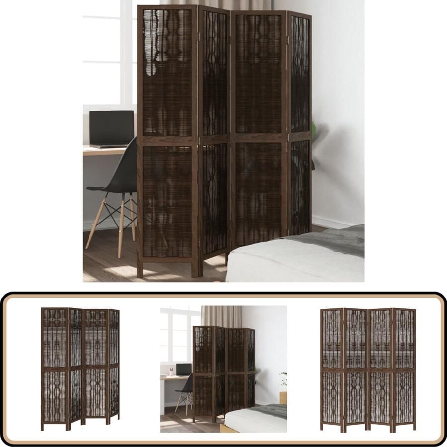 VidaXL Kamerscherm 4 panelen Massief Paulowniahout Kamerscherm Scheidingswand Privacy Scherm Wilgentakken Paulownia Hout Bruine Kamerdecoratie Vintage Design Woonaccessoires
