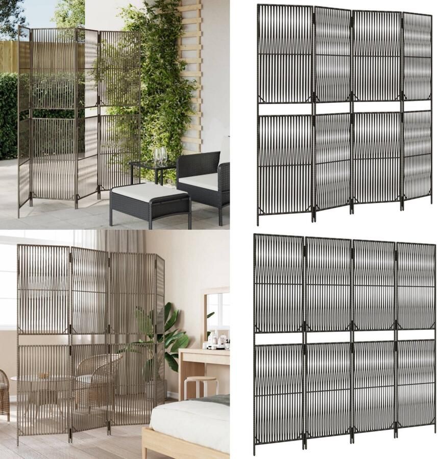 VidaXL Kamerscherm 4 panelen poly rattan grijs Kamerscherm Kamerschermen Privacy Scherm Privacyscherm
