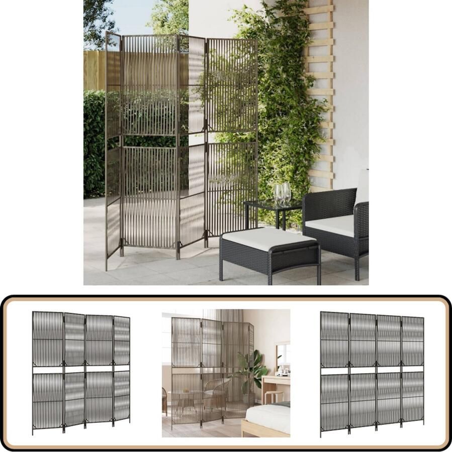 VidaXL Kamerscherm 4 panelen Poly Rattan Grijs Kamerscherm Privacy Wand Poly Rattan Scheidingswand Indoor Outdoor Woonaccessoires