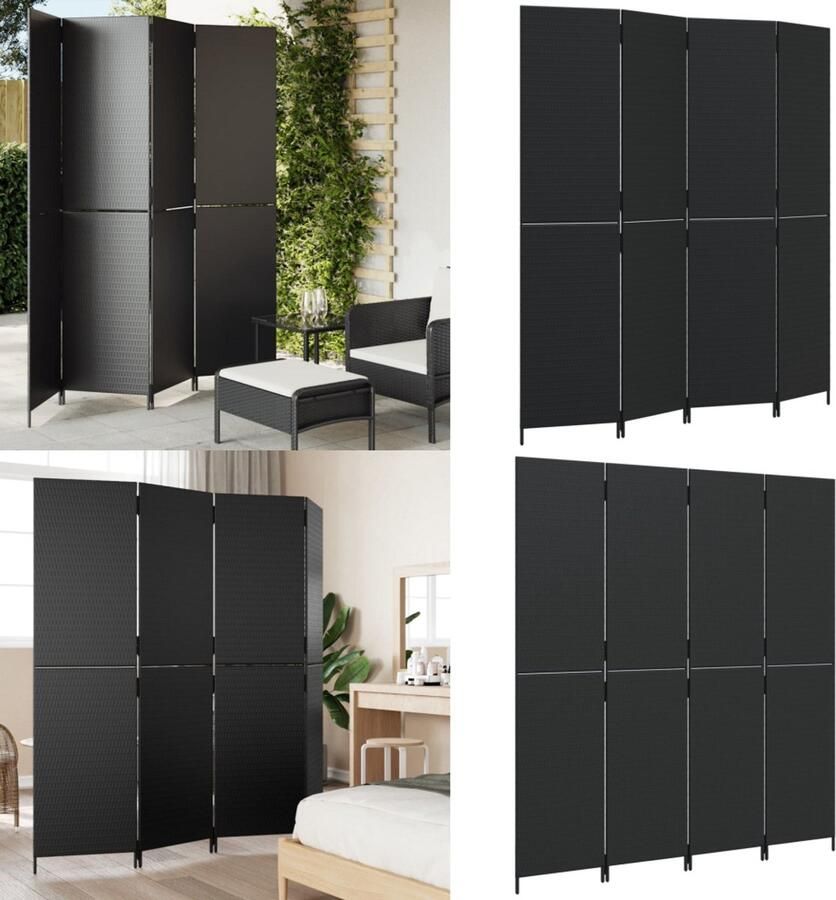 VidaXL Kamerscherm 4 panelen poly rattan zwart Kamerscherm Kamerschermen Privacy Scherm Privacyscherm