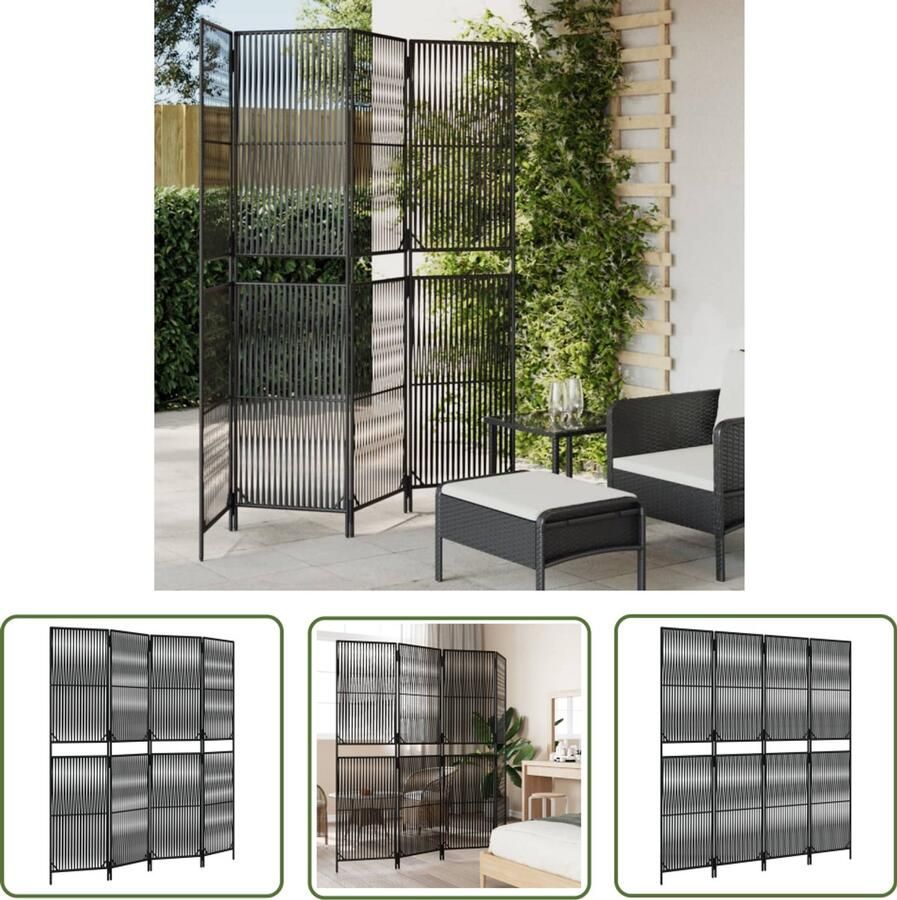 VidaXL Kamerscherm 4 panelen Poly Rattan Zwart Kamerscherm Privacy Screen Scheidingswand Woonaccessoires Interieuraccessoires Ratan Poly Rattan Zwart