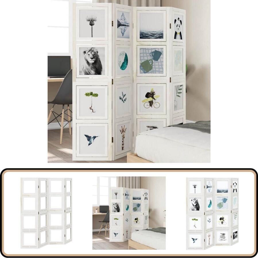 VidaXL Kamerscherm 4 panelen Wit Massief Hout Kamerscherm Scheidingswand Privacy Screen Houten Scherm Paulownia Hout Wit Meubilair Interieurdecoratie Woonaccessoires