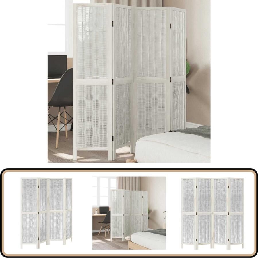 VidaXL Kamerscherm 4 panelen Wit Paulowniahout Kamerscherm Privacy Scherm Scheiding Wand Interieurdecoratie Kamerdivider