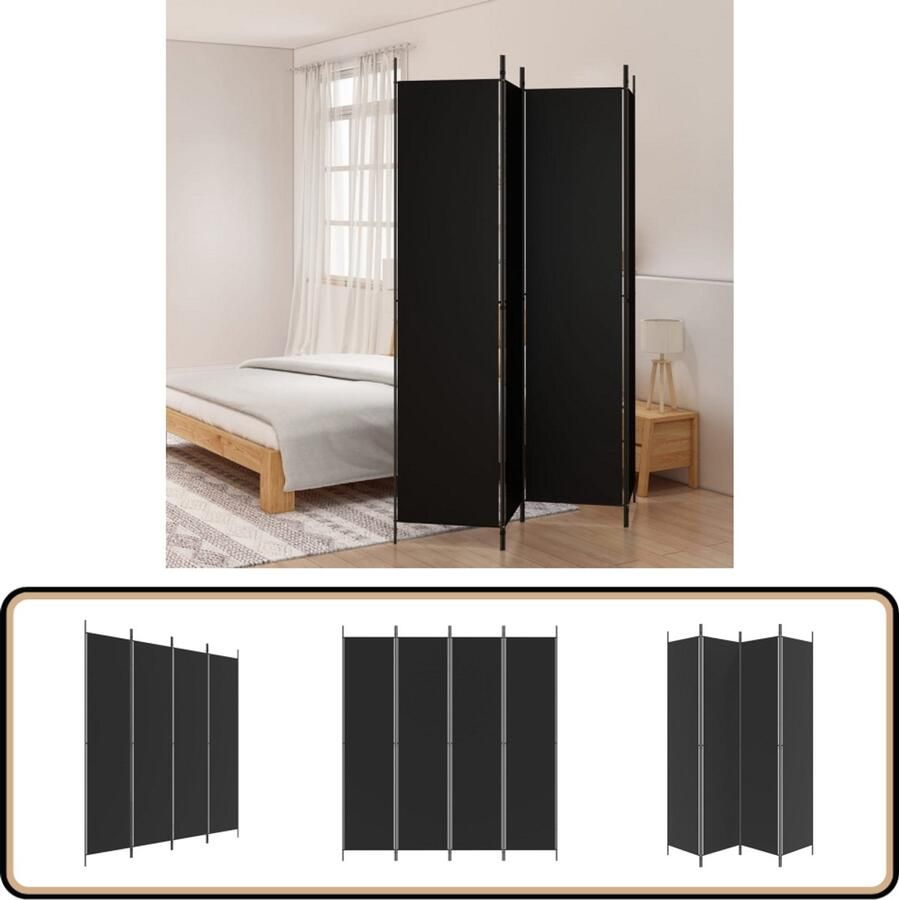 VidaXL Kamerscherm 4 panelen Zwart 200x220 cm Kamerscherm Scheidingswand Privacy Screen Wanddecoratie Interieurdesign
