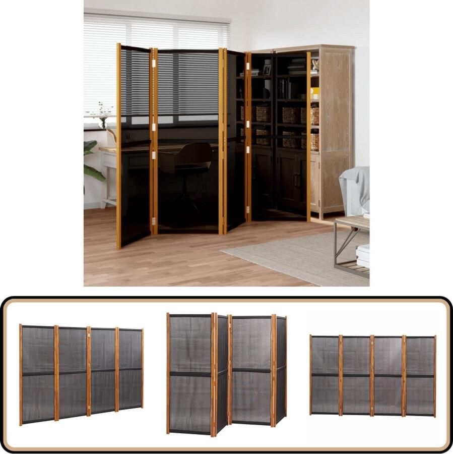VidaXL Kamerscherm 4 panelen Zwart 280x180 cm Kamerscherm Scheidingswand Privacy Screen Interieurdecoratie Acacia Hout Zwarte Kleuren Inklapbaar Buitengereedschap Tuinmeubilair