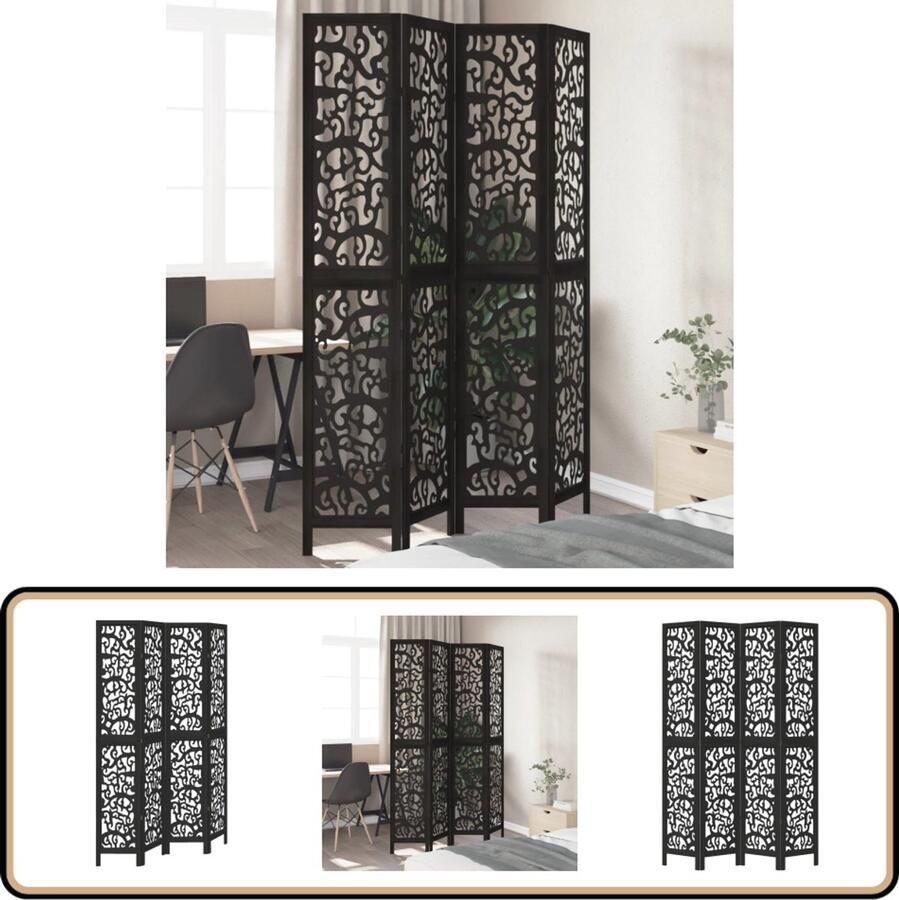 VidaXL Kamerscherm 4 panelen Zwart hout Kamerscherm Scheidingswand Houten Kamerscherm Paulowniahout Zwarte Kamerscherm