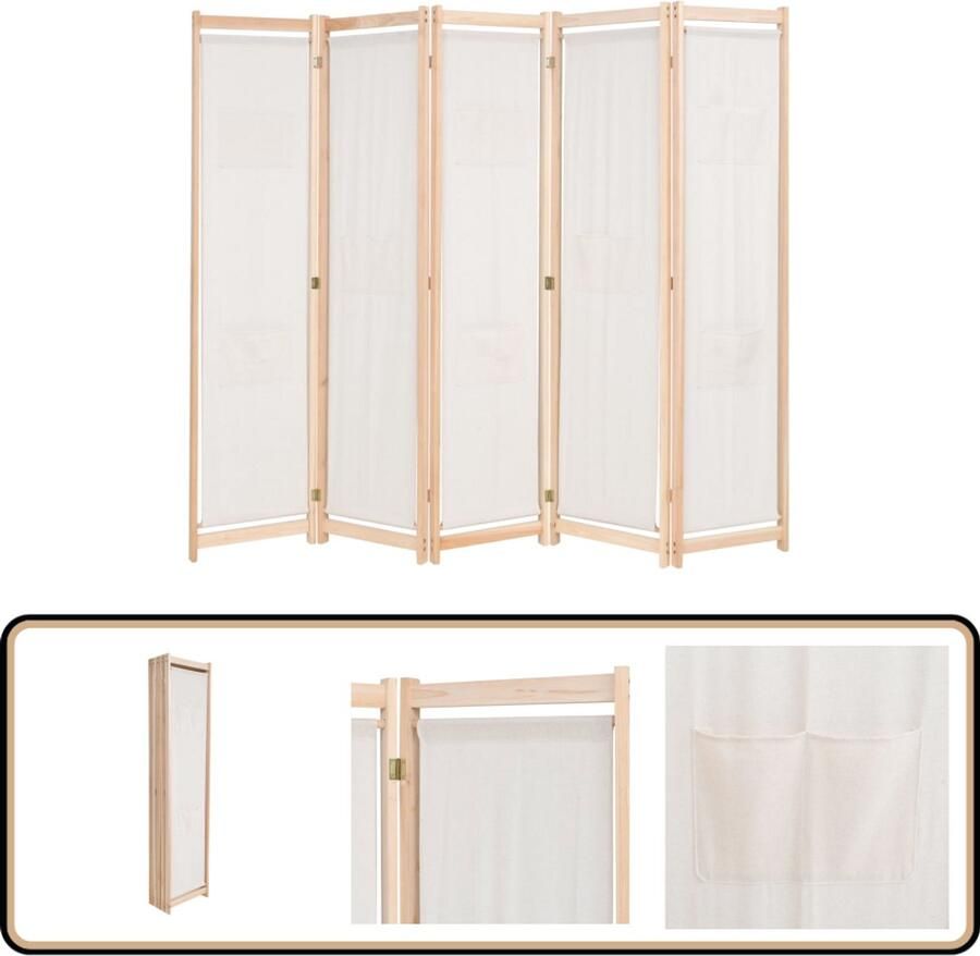 VidaXL Kamerscherm 5 panelen 200x170x4 cm crème Kamerscherm Scheidingswand Ruimteverdeler Privacy Screen Design Wanddecoratie