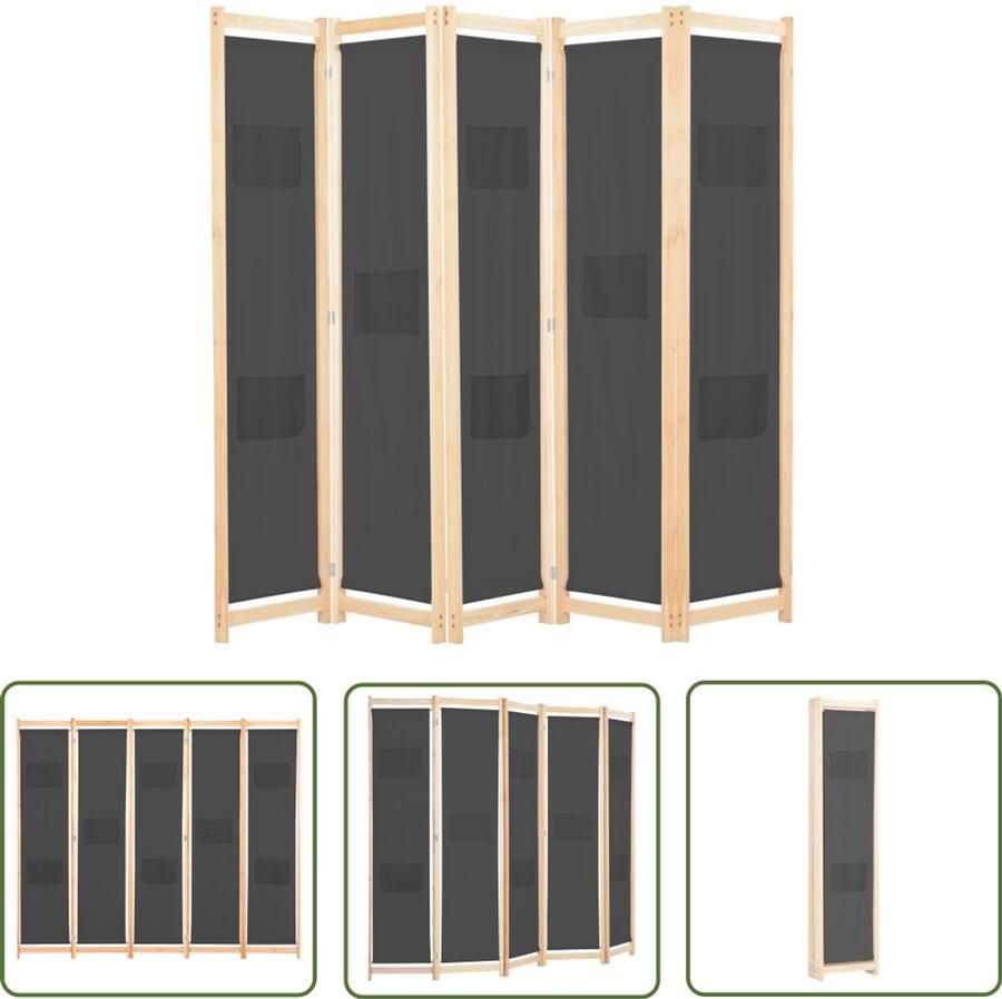 VidaXL Kamerscherm 5 Panelen 200x170x4 cm Grijs Kamerscherm Scheidingswand Ruimteverdeler Privacy Screen Wandafscheider Woonaccessoires Interieuraccessoires Designkamerdecoratie Grijze Meubels Landelijke Stijl