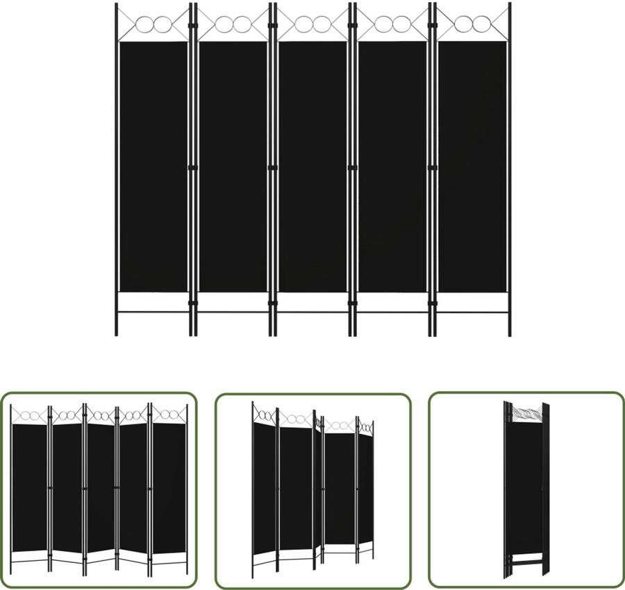 VidaXL Kamerscherm 5 panelen 200x180 cm Zwart Kamerscherm Scheidingswand Privacy Screen Interieurdecoratie Zwarte Wandbekleding Multifunctioneel Meubilair Woonaccessoires Staande Scherm Flexibele Indeling Stijlvol Ontwerp