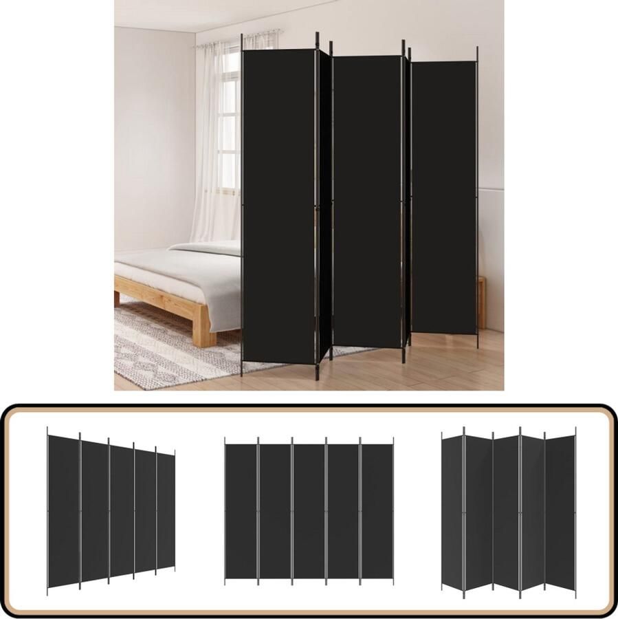 VidaXL Kamerscherm 5 panelen 250x220 cm Zwart Kamerscherm Scheidingswand Privacy Screen Wanddecoratie Interieurdesign Woonaccessoires Zwarte Kamer Moderne Woonkamer