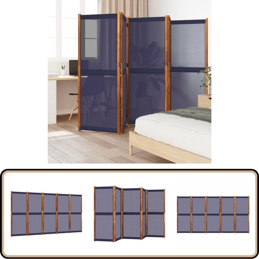 VidaXL Kamerscherm 5 panelen 350x180 cm Donkerblauw Kamerscherm Scheidingswand Privé Scherm Acacia Hout Blauw Buitenschildering Tuinmeubilair Interieurdecoratie Multifunctionele Meubels Flexibele Wand Zonwering