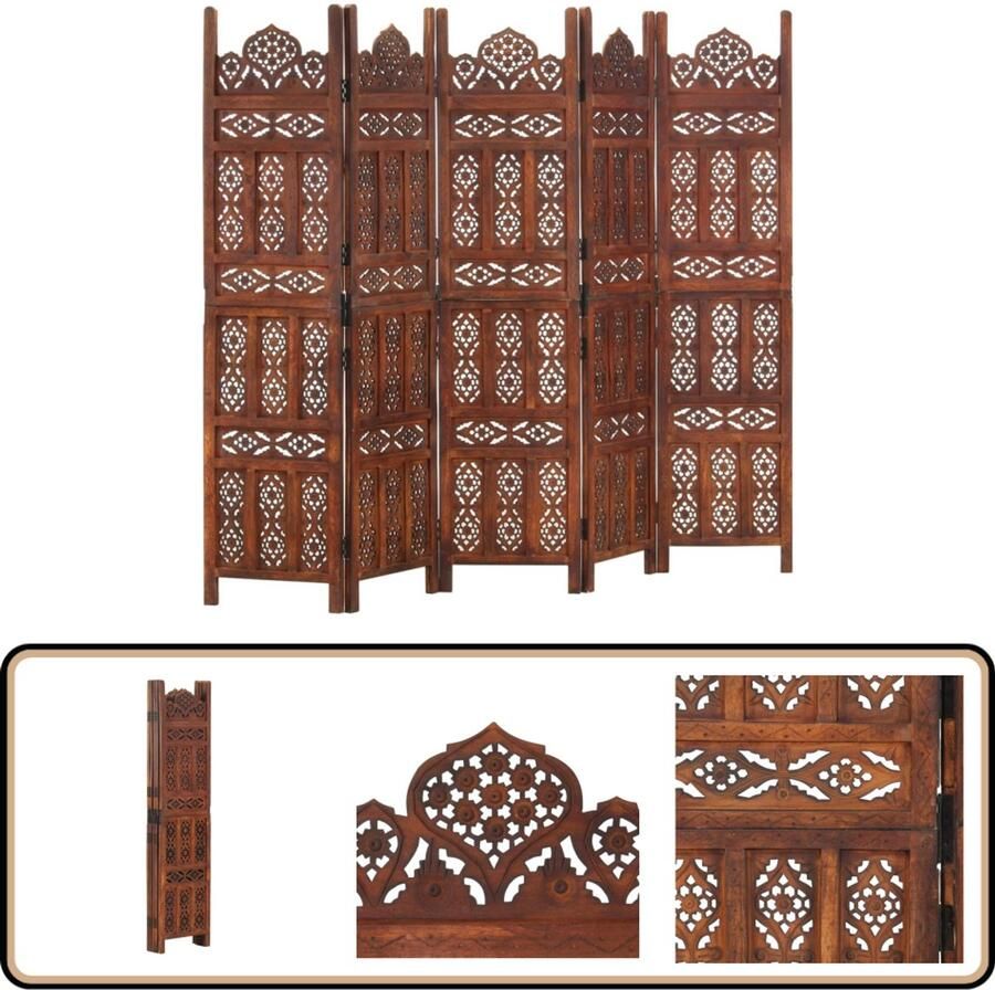 VidaXL Kamerscherm 5 panelen Handgesneden 200x165 cm Kamerscherm Privacy Screen Houten Scherm Vintage Decor Design Meubilair