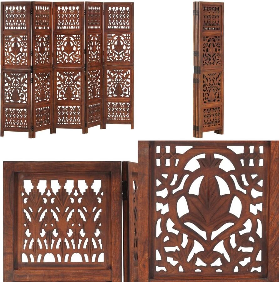 VidaXL Kamerscherm 5 panelen handgesneden 200x165 cm mangohout bruin Kamerscherm Kamerschermen Kamerverdeler Kamerverdelers