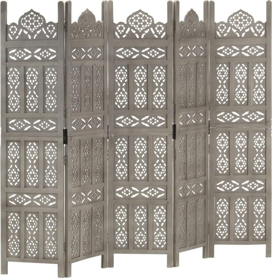 VidaXL -Kamerscherm-5-panelen-handgesneden-200x165-cm-mangohout-grijs - Foto 2