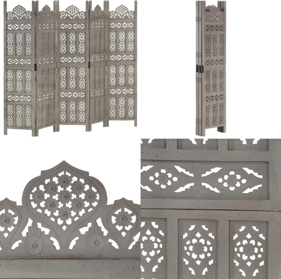 VidaXL Kamerscherm 5 panelen handgesneden 200x165 cm mangohout grijs Kamerscherm Kamerschermen Kamerverdeler Kamerverdelers
