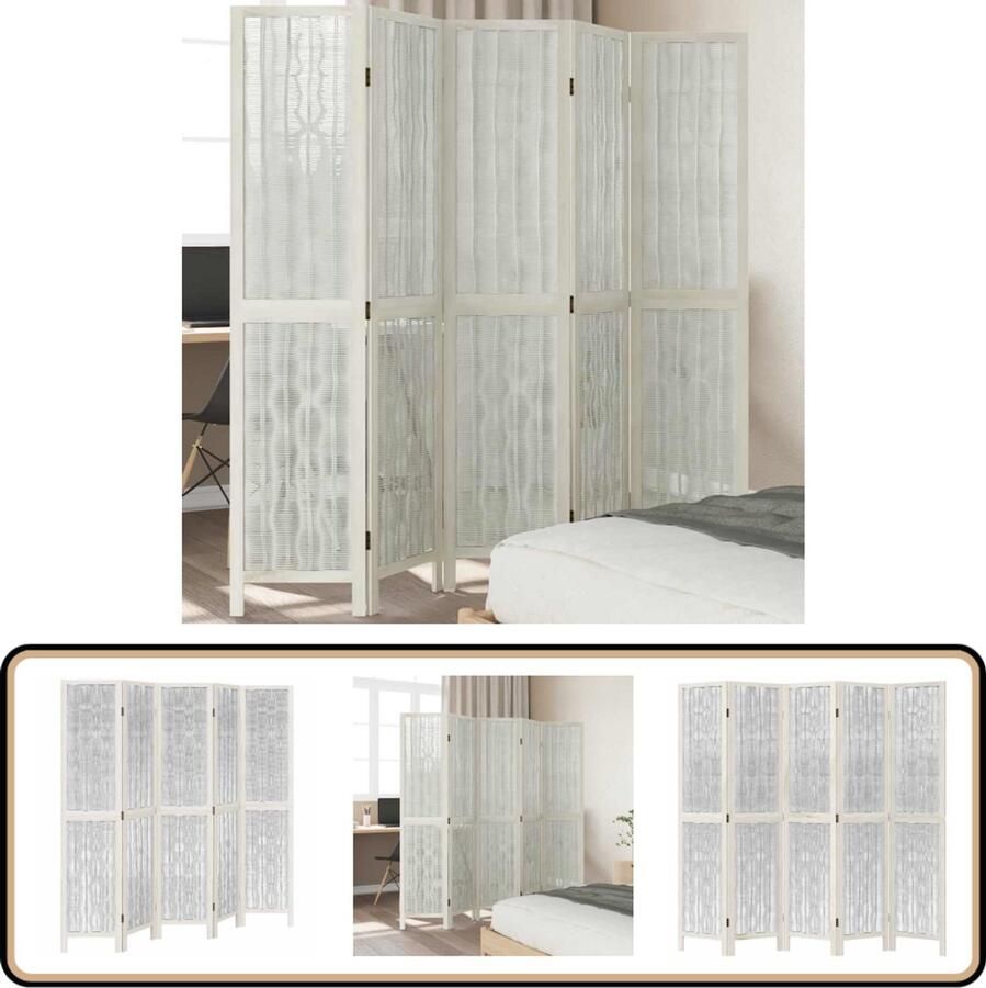 VidaXL Kamerscherm 5 panelen Hout Wit Kamerscherm Privacy Scherm Scheiding Wand Interieurdecoratie Paulownia Hout