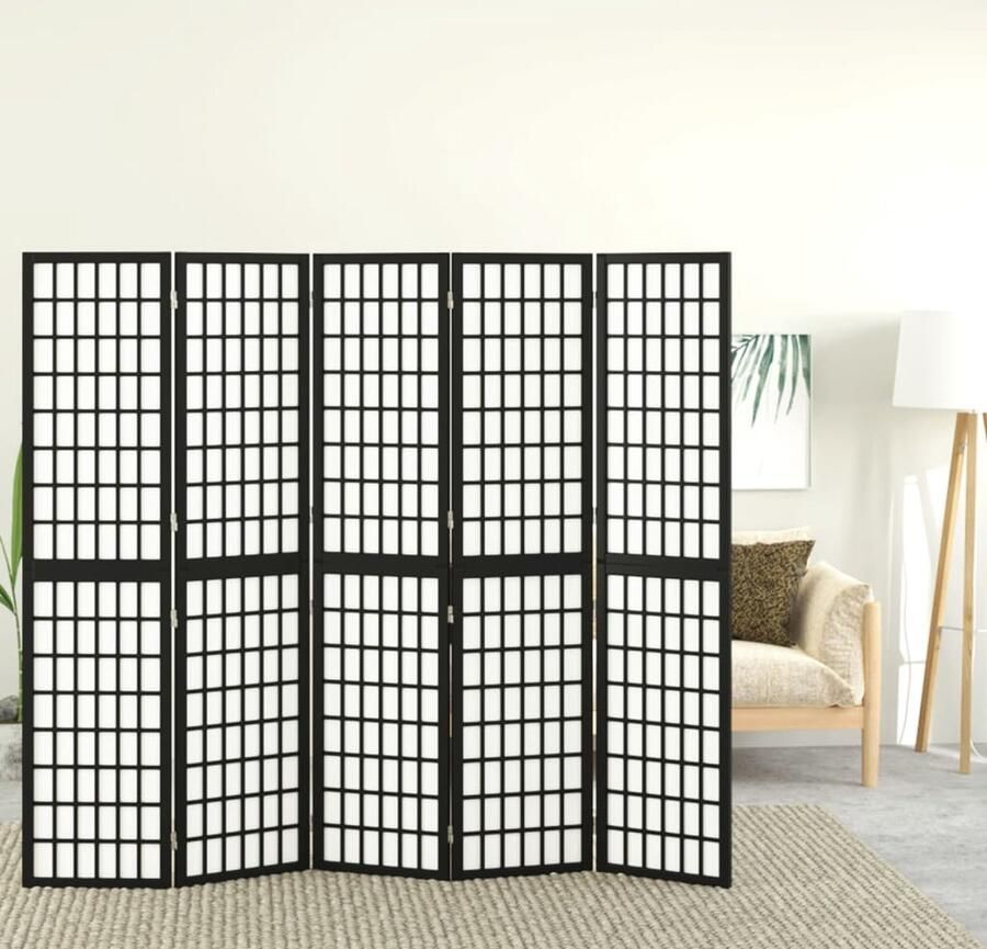 VidaXL Kamerscherm 5 panelen Japanse stijl Zwart Kamerscherm Japans Privacy Scherm Scheidingswand Houten Kamerdeuren Decoratief Wandpaneel Woonaccessoires Interieurstijl Japandi Style Minimalistisch Meubilair - Foto 2
