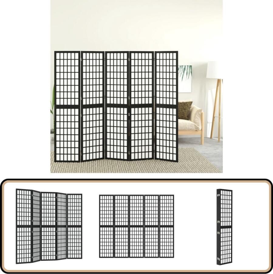 VidaXL -Kamerscherm-inklapbaar-5-panelen-Japanse-stijl-200x170-cm-zwart