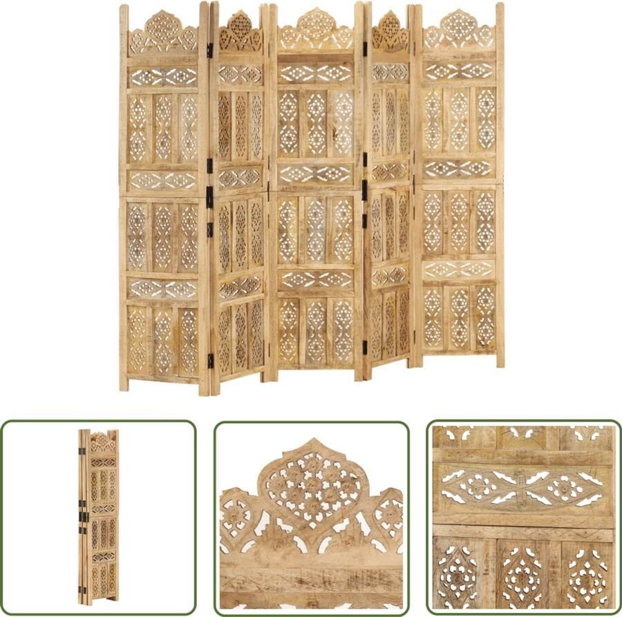 VidaXL Kamerscherm 5 panelen Mangohout 200x165 cm Kamerscherm Kamerv Deler Privacy Screen Houten Scherm Mangohout Vintage Classic Style Handgeschreven Decoratief Design