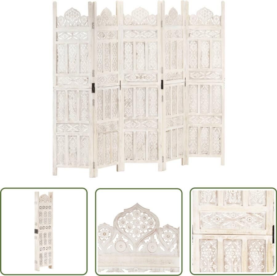 VidaXL Kamerscherm 5 panelen Mangohout Wit Kamerscherm Privacy Screen Wanddecoratie Houten Scherm Vintage Decor Classic Style Design Meubels Slaapkamervloerisolator