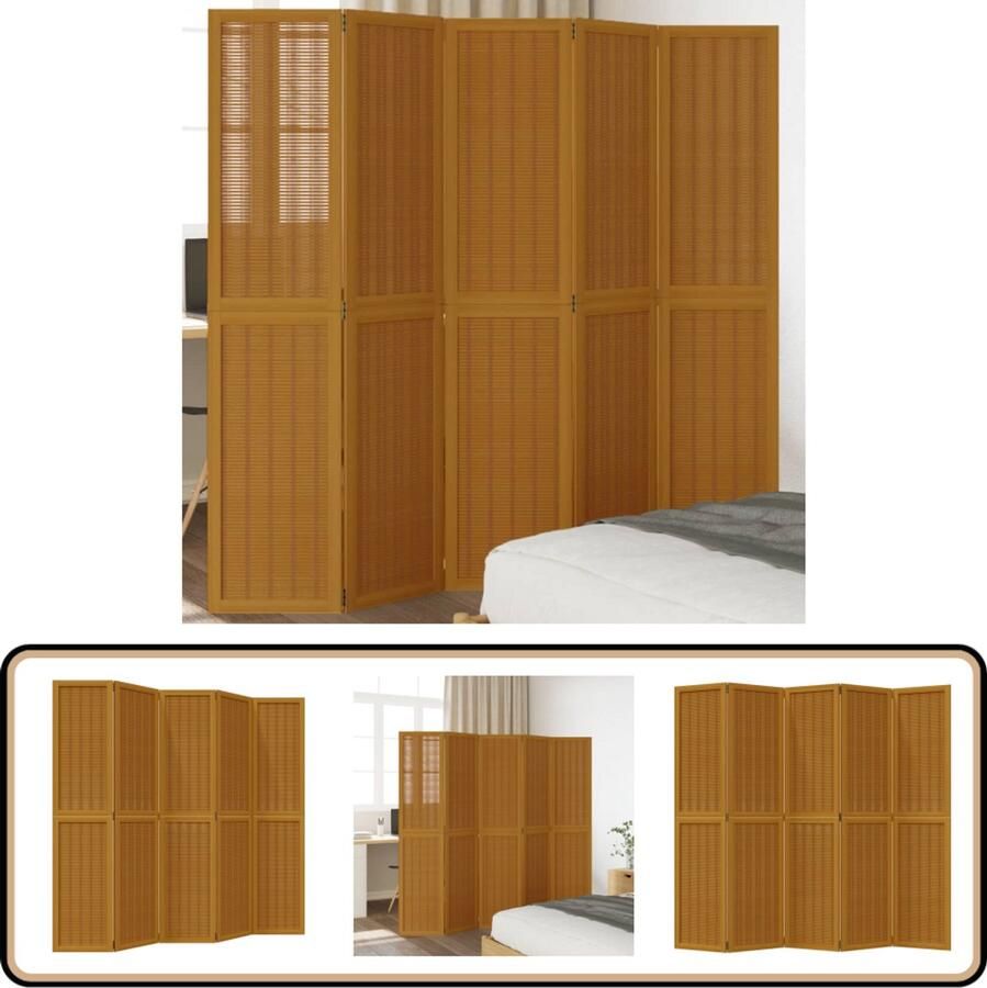 VidaXL Kamerscherm 5 panelen Massief hout Bruin Kamerscherm Privacy Scherm Bamboescherm Houten Scherm Interieurdecoratie Kamerdivider Woonaccessoires