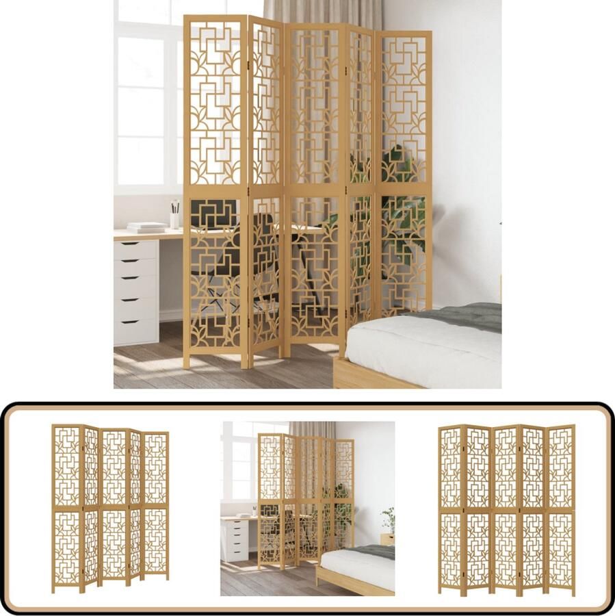 VidaXL Kamerscherm 5 panelen Massief hout Bruin Kamerscherm Privacy Scherm Scheidingswand Houten Kamersscherm Paulowniahouten Schermm