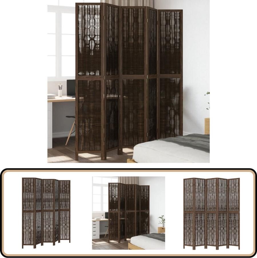 VidaXL Kamerscherm 5 panelen Massief hout Donkerbruin Kamerscherm Scheidingswand Privacy Screen Houten Kamersscerm Bruine Kamersscherm Paulownia Hout Vintage Style