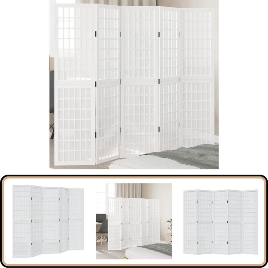 VidaXL Kamerscherm 5 panelen Massief hout Wit Kamerscherm Scheidingswand Houten Scherm Paulowniahout Designkampeer