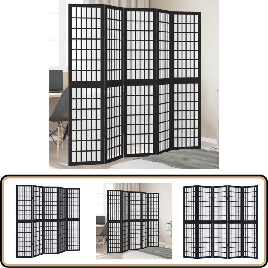 VidaXL Kamerscherm 5 panelen Massief hout Zwart Kamerscherm Scheidingswand Privacy Scherm Houten Kamersscherm Paulowniahouten Schermd