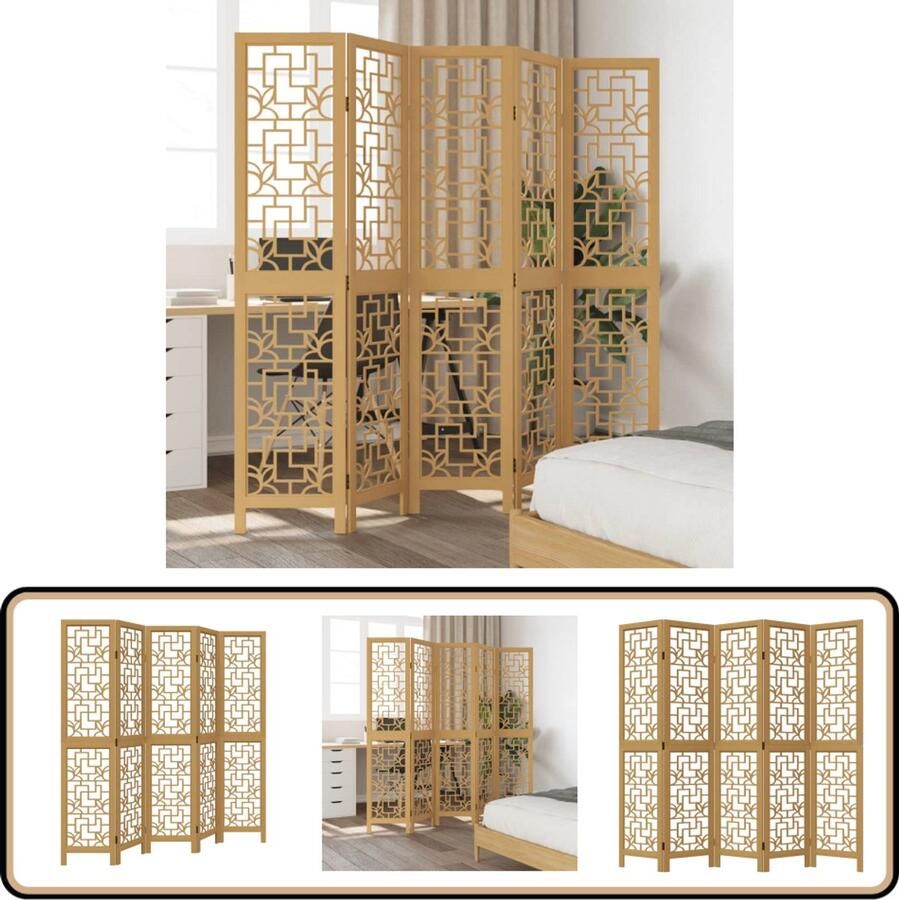 VidaXL Kamerscherm 5 panelen Massief Paulowniahout Bruin Kamerscherm Privacy Scherm Scheidingswand Paulownia Hout Houten Kamersscherm