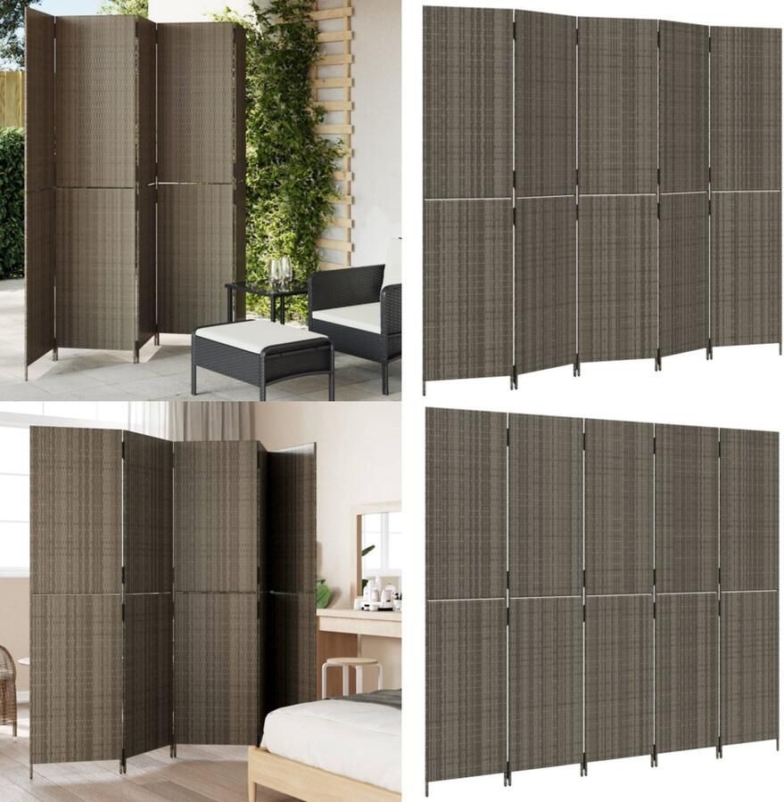 VidaXL Kamerscherm 5 panelen poly rattan grijs Kamerscherm Kamerschermen Privacy Scherm Privacyscherm