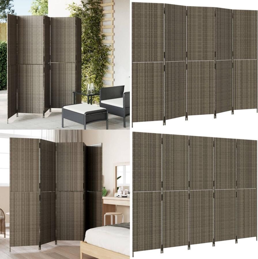 VidaXL Kamerscherm 5 panelen poly rattan grijs Kamerscherm Kamerschermen Privacy Scherm Privacyscherm