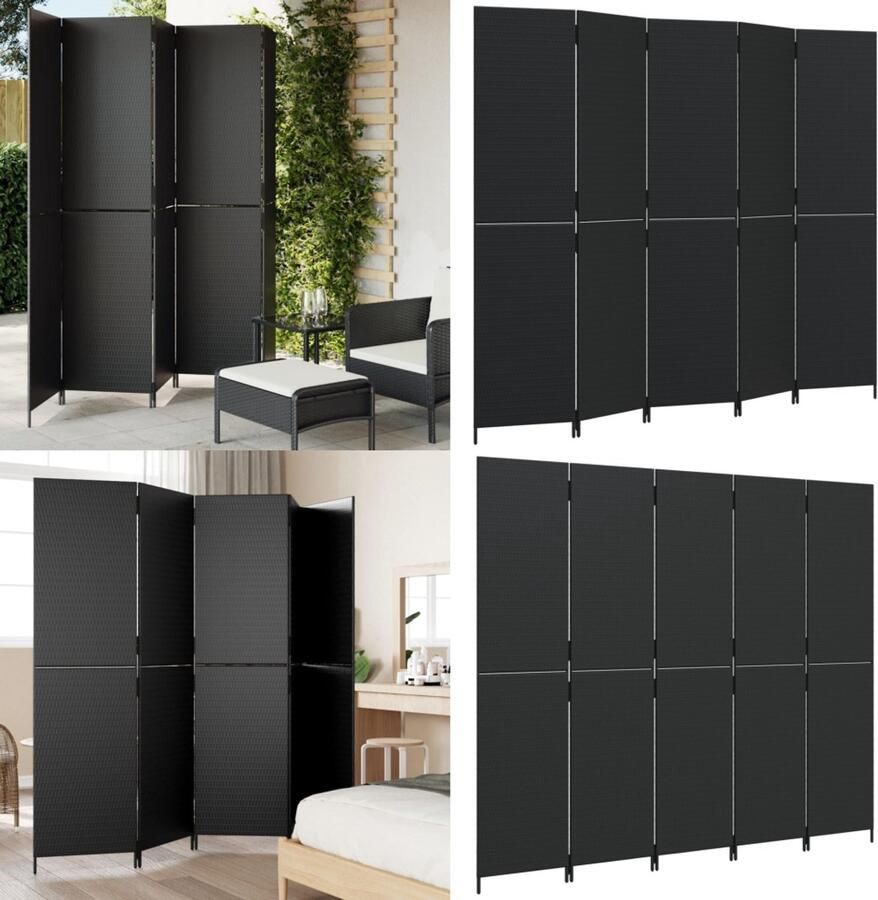 VidaXL Kamerscherm 5 panelen poly rattan zwart Kamerscherm Kamerschermen Privacy Scherm Privacyscherm
