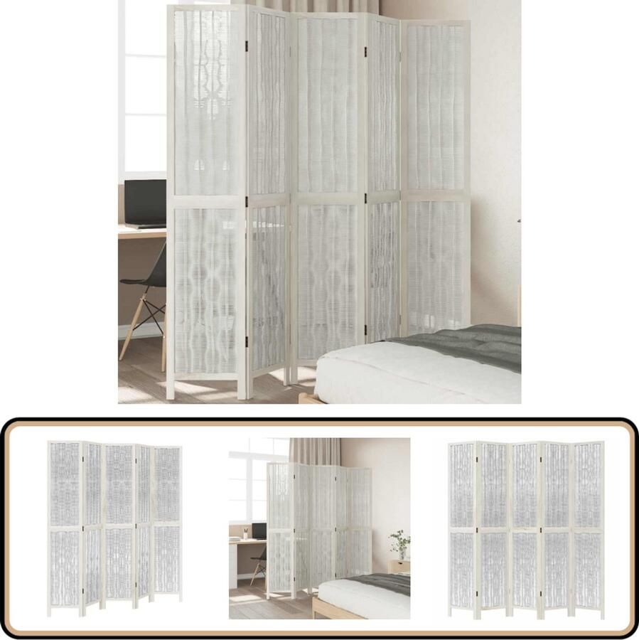 VidaXL Kamerscherm 5 panelen Wit Hout Kamerscherm Houten Kamerdivider Privacy Screen Wandafscheiding Paulownia Hout Witte Kamerdecoratie