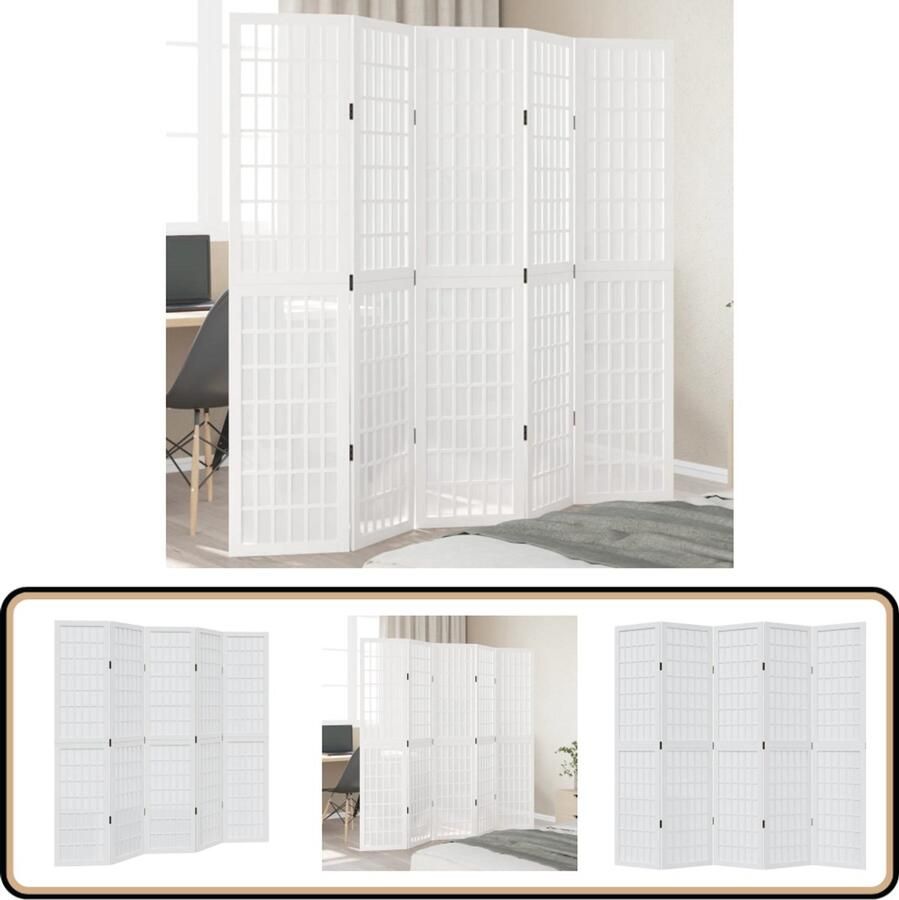 VidaXL Kamerscherm 5 panelen wit hout Kamerscherm Houten Scherm Scheidingswand Paulowniahout Wit Scherm