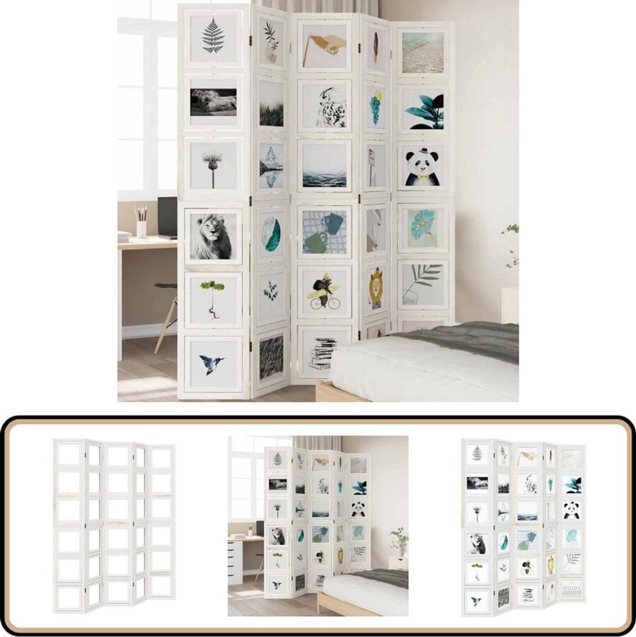 VidaXL Kamerscherm 5 panelen Wit Massief hout Kamerscherm Scheidingswand Privacy Scherm Houten Scherm Paulownia Hout Interieurdecoratie Woonaccessoires Modern Design