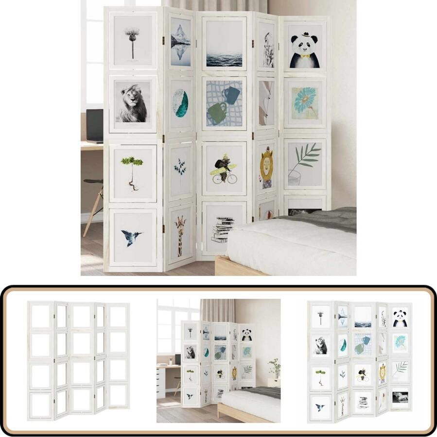 VidaXL Kamerscherm 5 panelen Wit Paulowniahout Kamerscherm Privacy Scherm Houten Scherm Paulownia Hout Scheidingswand Interieurdecoratie Multifunctionele Wand Flexibele Wand