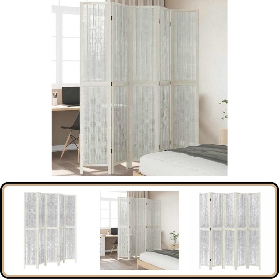 VidaXL Kamerscherm 5 panelen Wit Paulowniahout Kamerscherm Privacy Scherm Scheiding Wand Interieurdecoratie Houten Kamersscherm Paulownia Hout Designkamerschrm