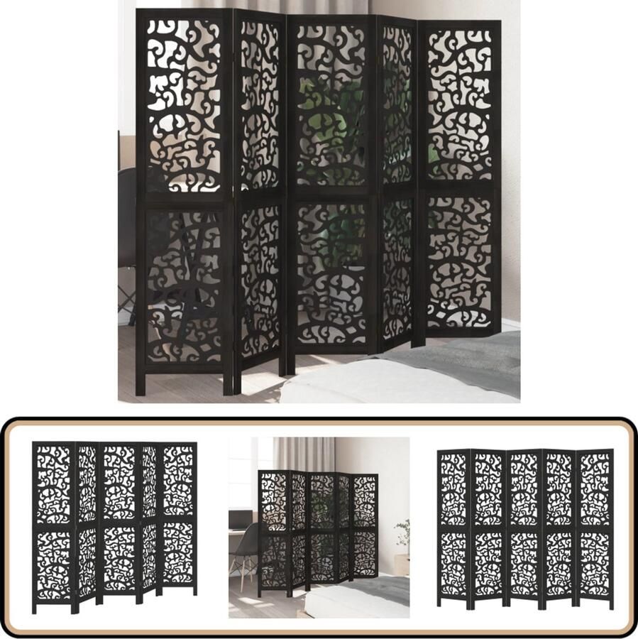 VidaXL Kamerscherm 5 panelen Zwart Hout Kamerscherm Privacy Scherm Houten Kamerdivider Paulownia Hout Zwarte Wanddecoratie