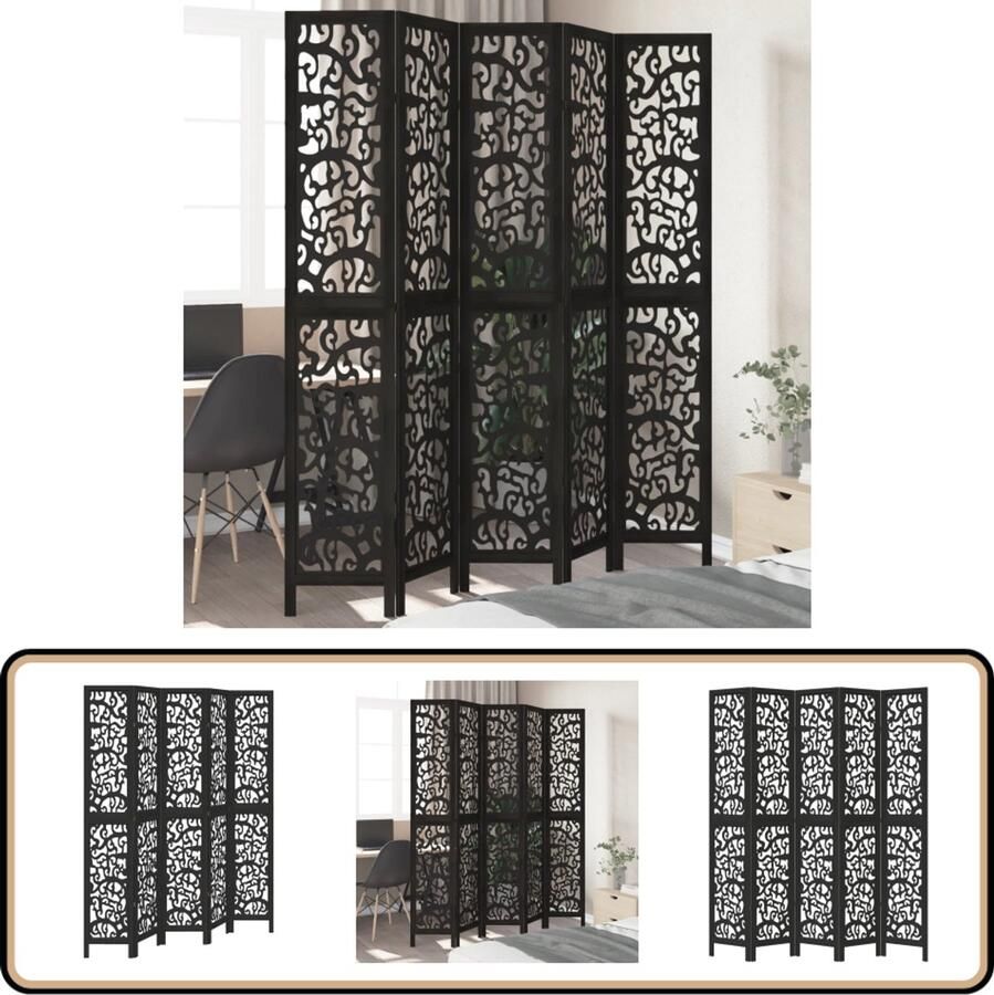 VidaXL Kamerscherm 5 panelen Zwart Hout Kamerscherm Privacy Scherm Houten Kamerdivider Scheidingswand Paulownia Hout
