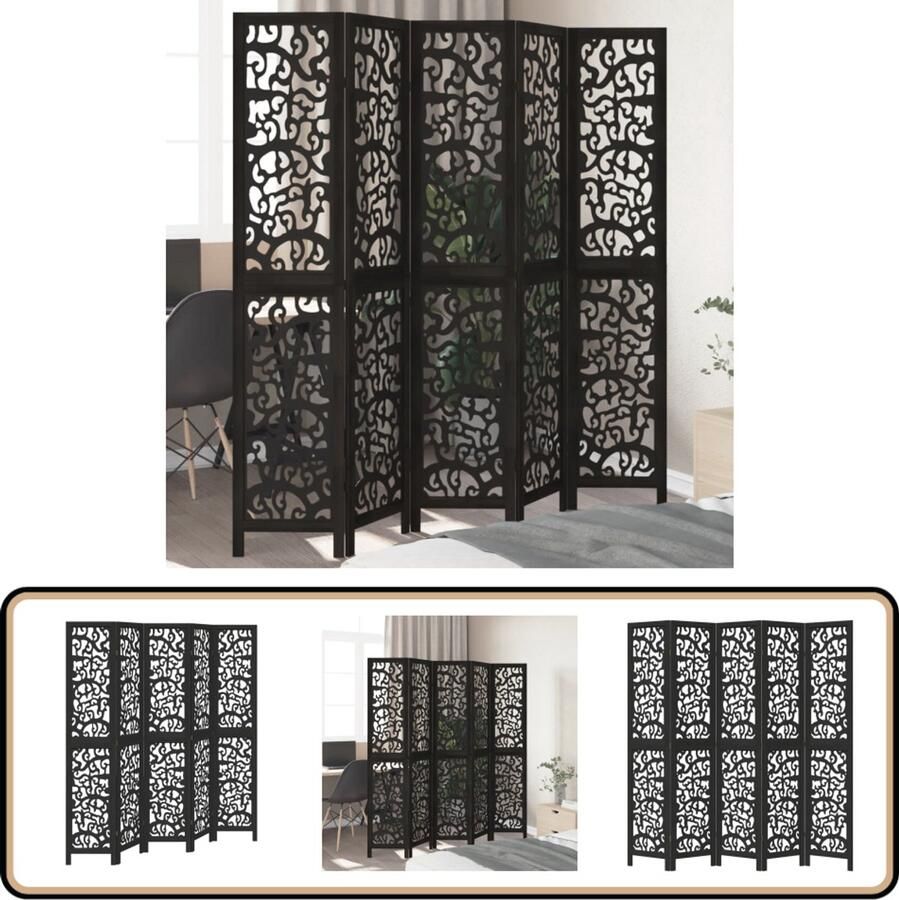 VidaXL Kamerscherm 5 panelen zwart hout Kamerscherm Scheidingswand Houten Kamersscherm Paulowniahout Zwart Kamerscherm