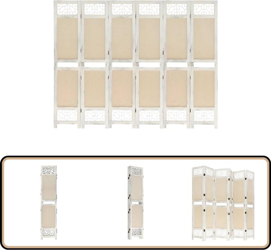 VidaXL Kamerscherm 6 panelen 210x165 cm Crème Kamerscherm Scheidingswand Privacy Screen Stoffen Kamerscherm Paulownia Hout