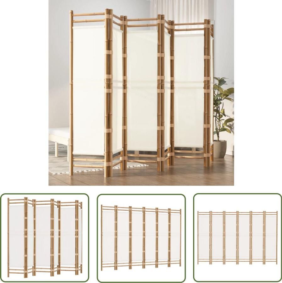 VidaXL Kamerscherm 6 panelen 240 cm Bamboe & Canvas Kamerscherm Bamboescherm Scheidingswand Privacy Screen Woonaccessoires Interieuraccessoires Decoratief Landelijke Stijl Bamboe Creme Wit