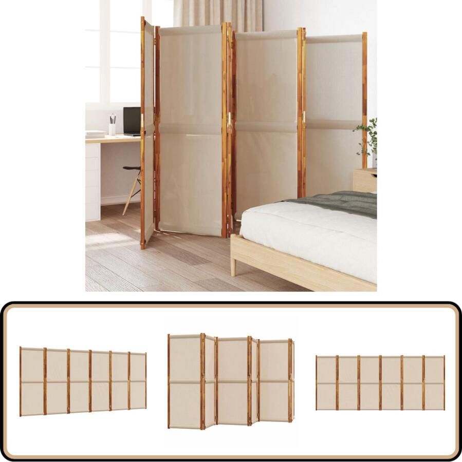 VidaXL Kamerscherm 6 panelen 420x180 cm Taupe Kamerscherm Scheidingswand Privacy Screen Acacia Hout Textiel