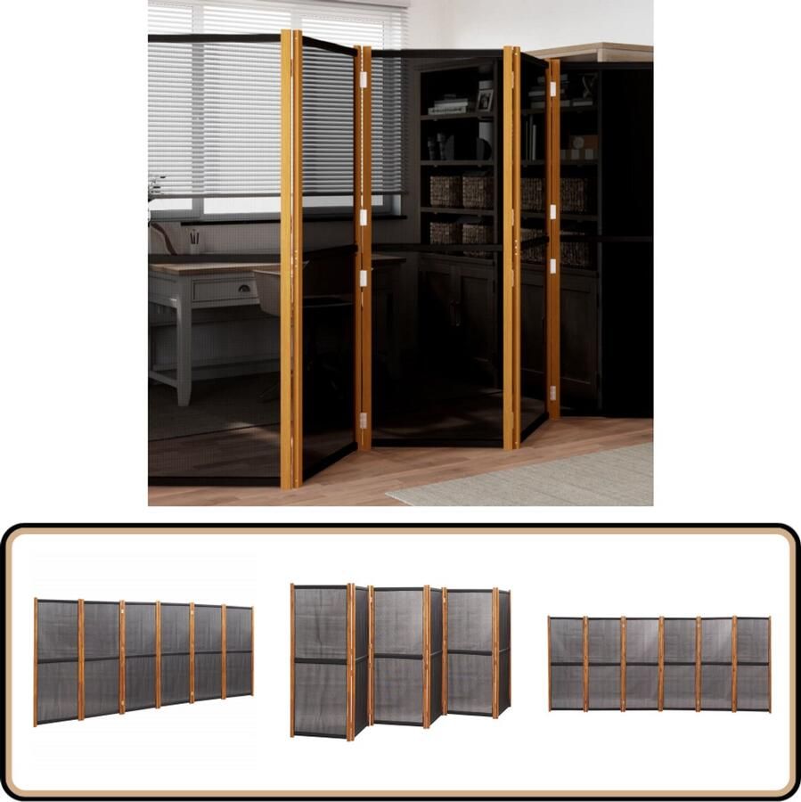 VidaXL Kamerscherm 6 panelen 420x180 cm Zwart Kamerscherm Scheidingswand Privacy Screen Interieurdecoratie Buitendecoratie Acacia Hout Textiel Zwarte Kleuren Multifunctionele Meubels Vouwscherm Opvouwbare Wand