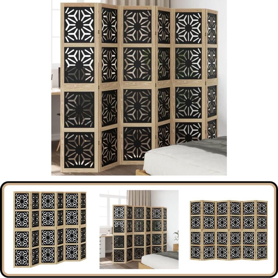 VidaXL Kamerscherm 6 panelen massief hout Bruin Zwart Kamerscherm Scheidingswand Houten Schermen Paulowniahout Bruine Meubels Vintage Sfeer Privacy Screen