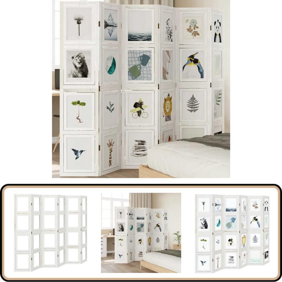 VidaXL Kamerscherm 6 panelen Massief hout Wit Kamerscherm Hout Paulowniahout Scheidingswand Wanddecoratie Privacy Screen