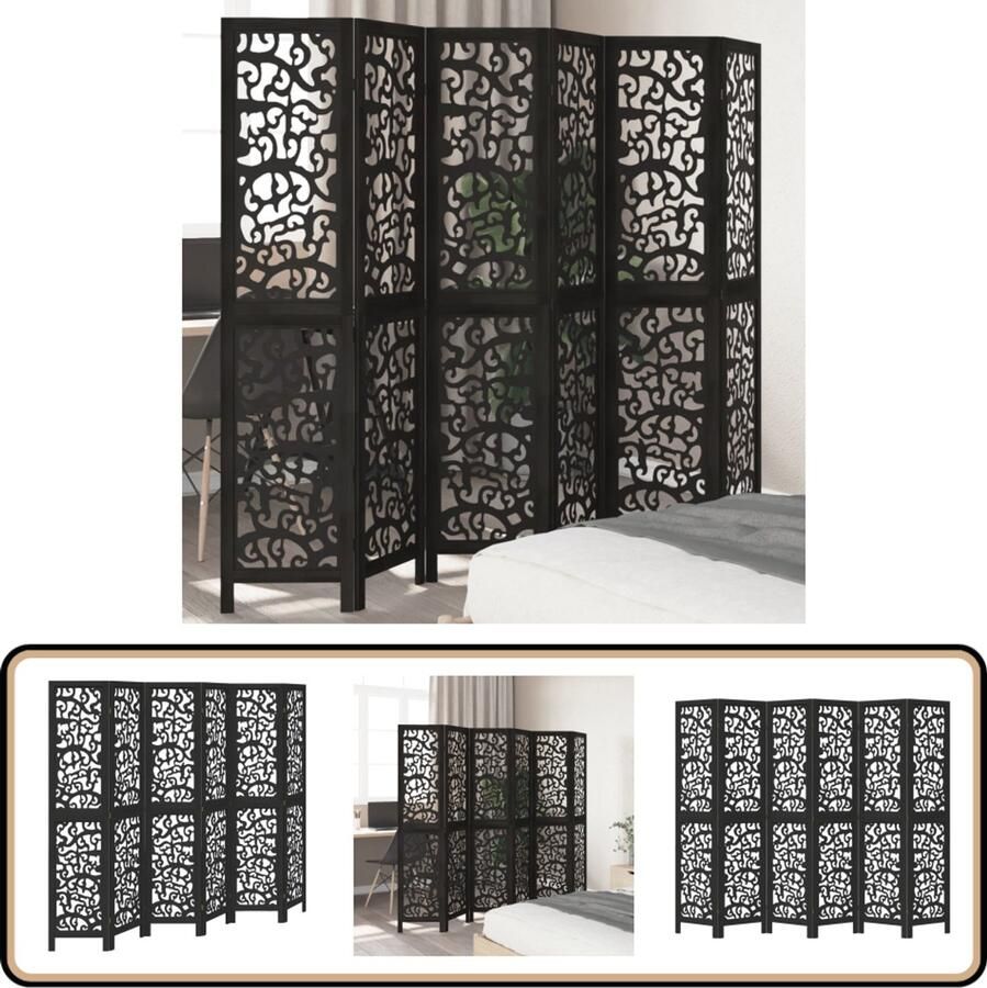 VidaXL Kamerscherm 6 panelen Massief hout Zwart Kamerscherm Privacy Scherm Houten Scherm Scheidingswand Paulownia Hout