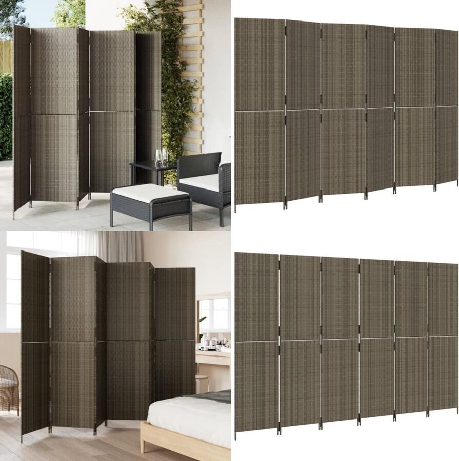 VidaXL Kamerscherm 6 panelen poly rattan grijs Kamerscherm Kamerschermen Privacy Scherm Privacyscherm