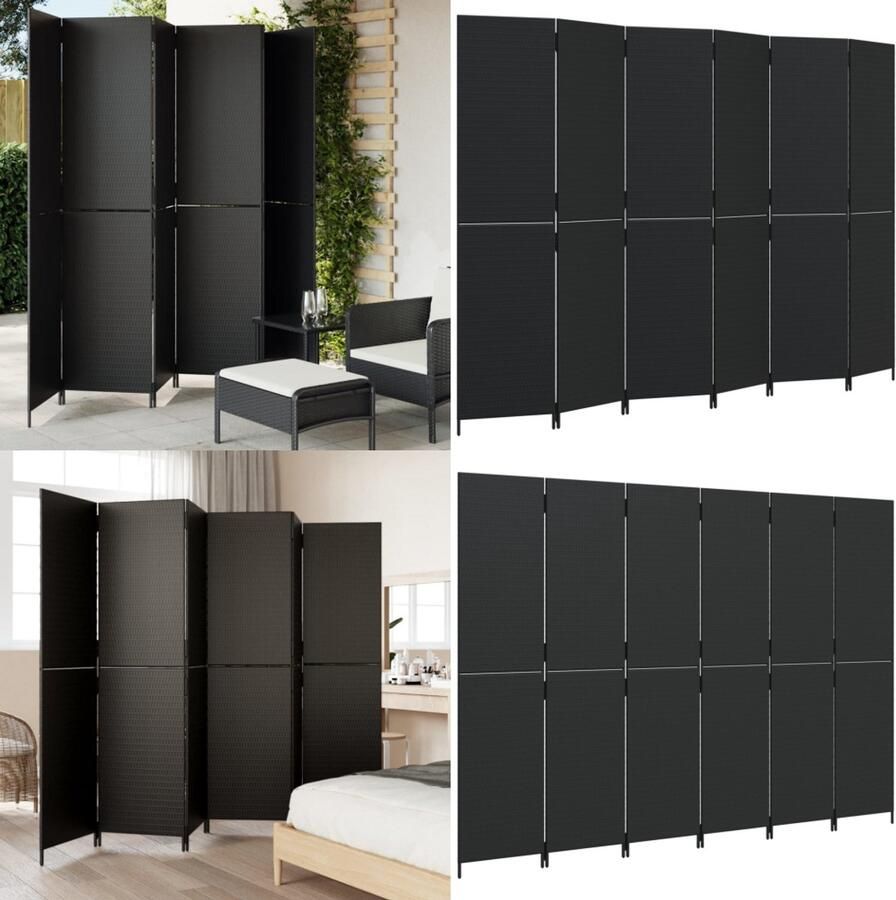 VidaXL Kamerscherm 6 panelen poly rattan zwart Kamerscherm Kamerschermen Privacy Scherm Privacyscherm